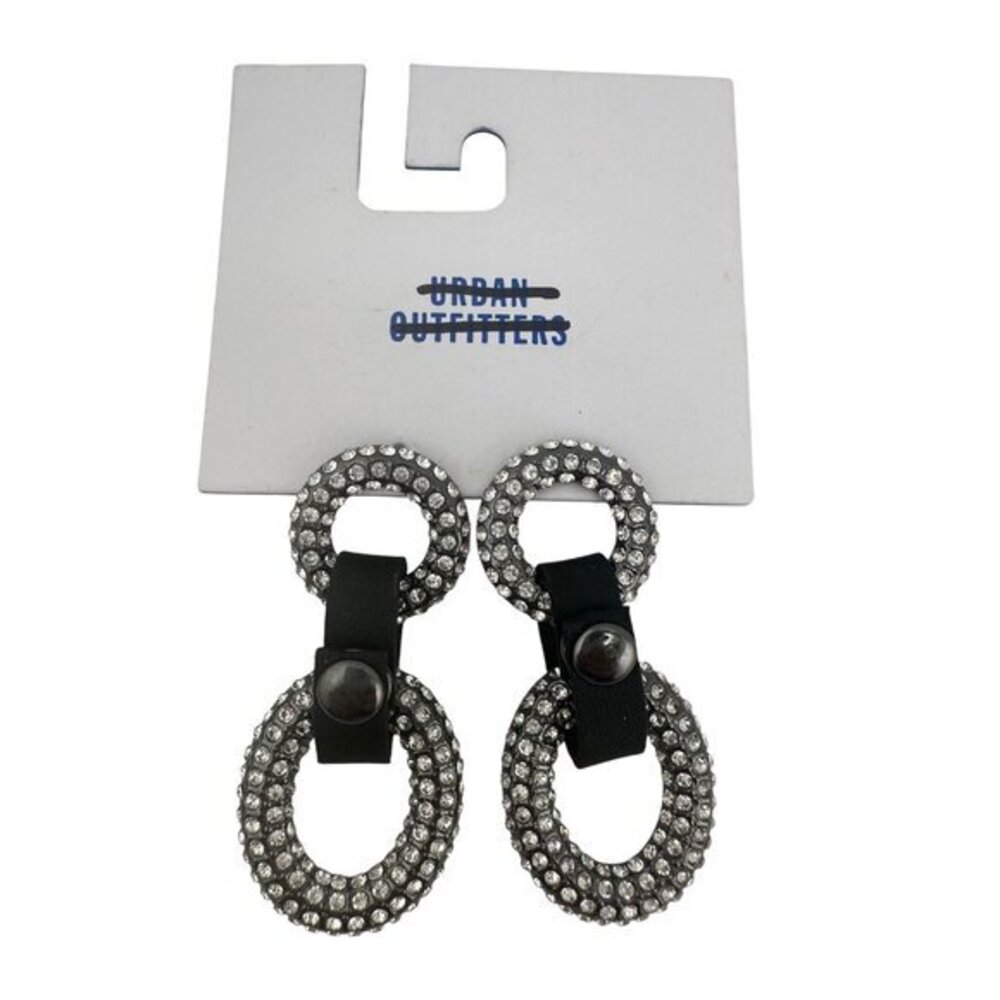 Urban Outfitters Silver Crystal Double Hoop Earrings With Black Leather Accents